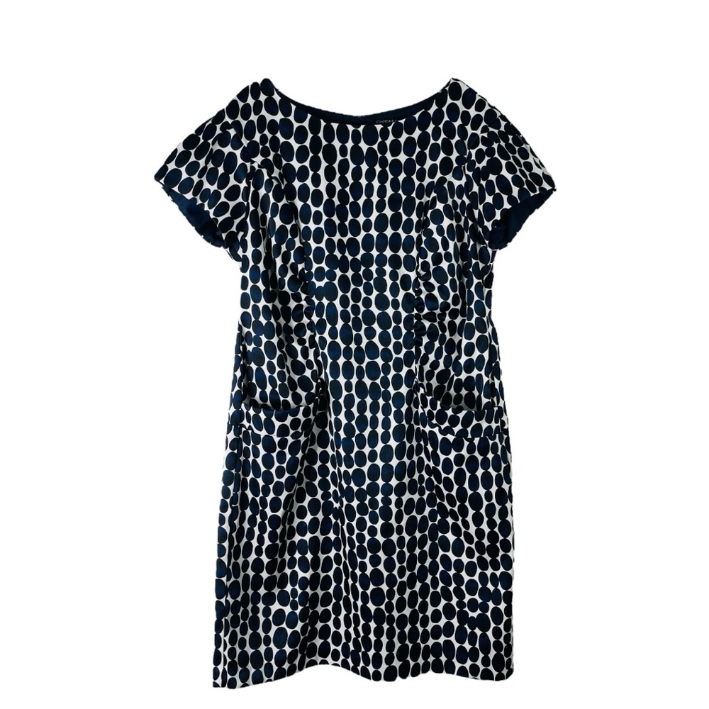 Chris McLaughlin blue white dot ruched pocked shift midi dress 16